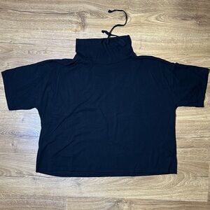 Eileen Fisher Black Cotton Short Sleeve Funnel / Mock Neck Boxy Top Large